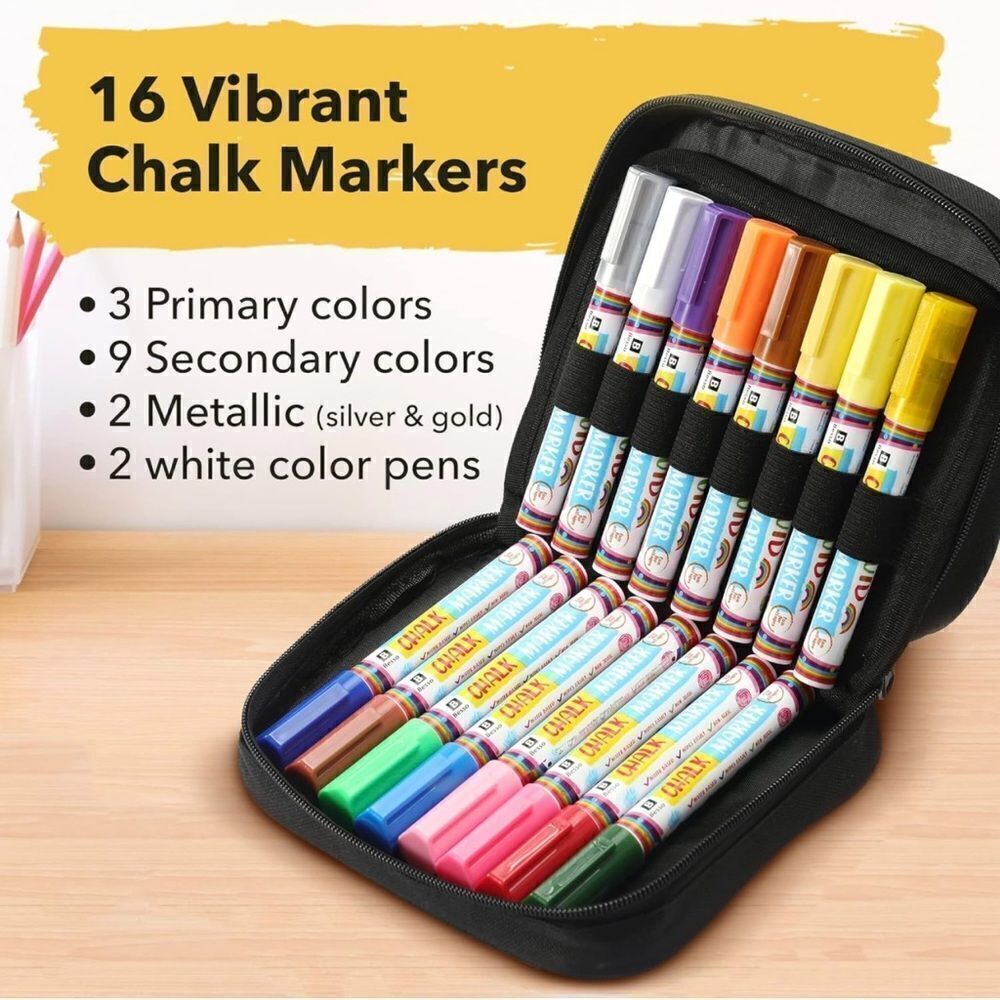 16 Chalk Marker With Case Vibrant Colors Reversible Tips